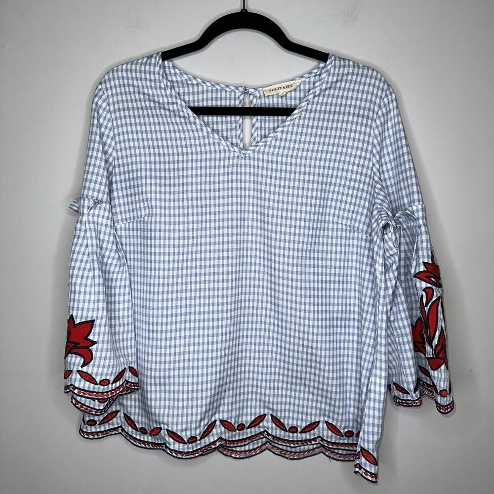 Solitaire Women’s Gingham Plaid Embroidered Top Bell Sleeve Blue Size Large